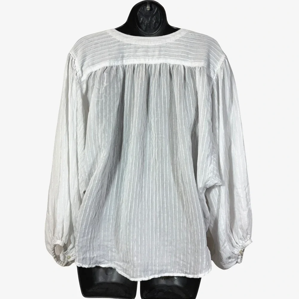 LOFT White Stripe Blouse Semi-Sheer Button Top V-Neck Long Puff Sleeve Small